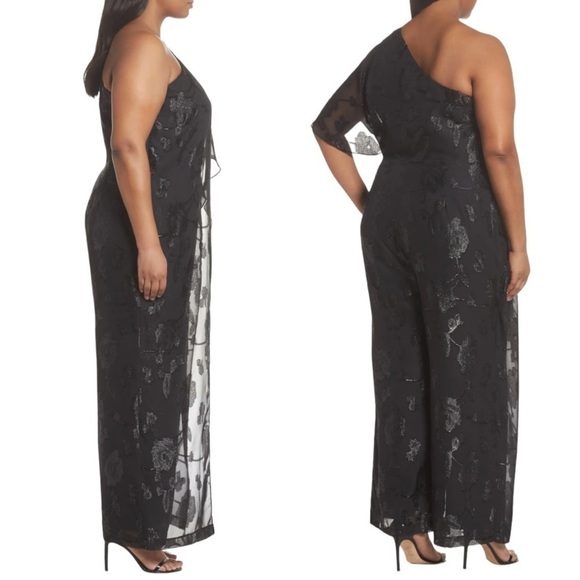 ADRIANNA PAPELL Plus Size Black Floral Chiffon One-Shoulder Jumpsuit - Picture 2 of 12